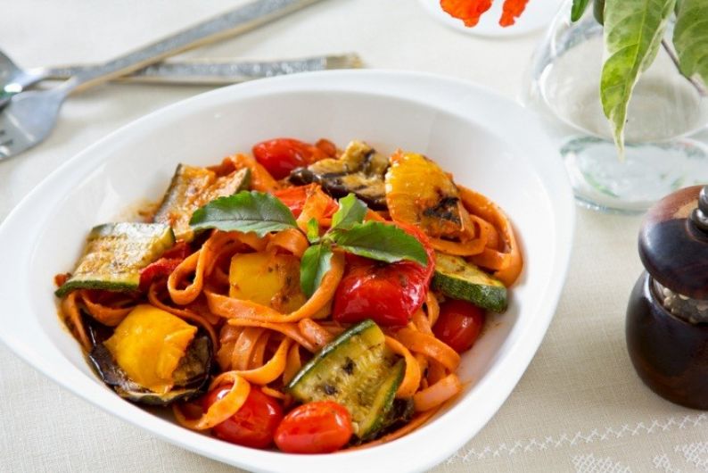 Fettuccini with Roasted Vegetables in Tomato Sauce